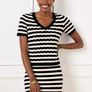 Talbots pointelle black ivory striped short sleeve sweater top woman's size XL